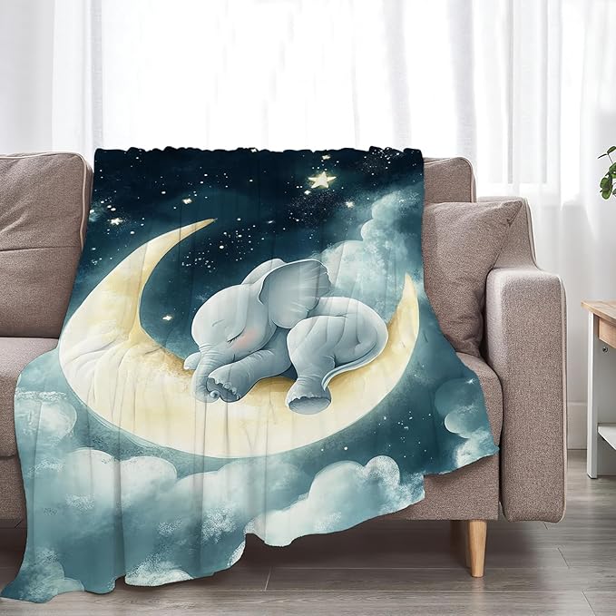 Elephant Throw Blanket Ultra Soft Cozy Cute Elephant on Moon Blanket Fleece Fuzzy Plush Elephant Lovers Decor Gifts for Women Girls Adults Couch Sofa 60"x50"