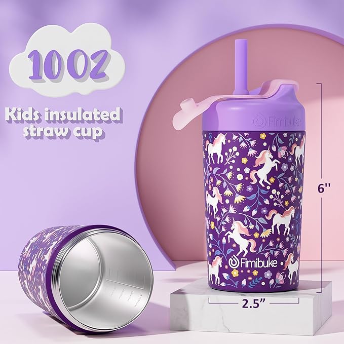 Fimibuke Kids & Toddler Cups, 10 OZ Spill Proof Straw Cups for Toddlers, 2 Pack Leak-Proof Kid Insulated Tumbler with Screw-On Lid & Silicone Straw with Stopper, Stainless Steel Sippy Cup for Girl Boy