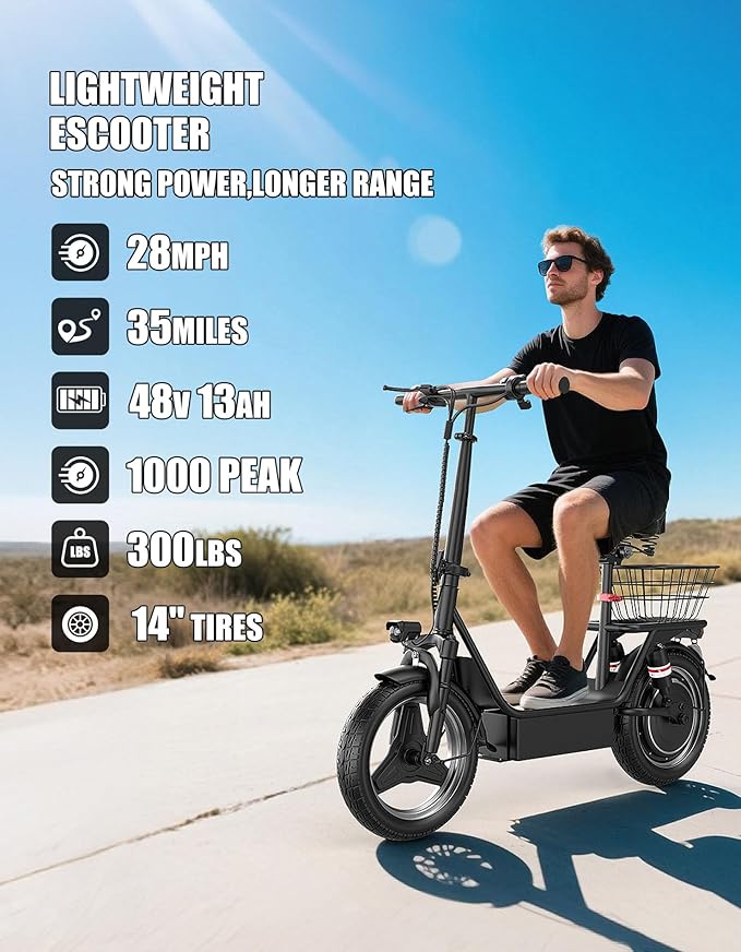 Electric Scooter Adults, 1000W Peak Motor, 35 Miles of Range Scooter with Seat, 28MPH Top Speed, Foldable Escooter with Rear Basket for Pets and Cargo, Dual Suspension for Commuting