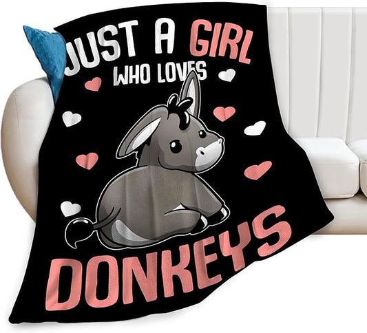 Funny Donkey Blanket Just A Girl Who Loves Donkeys Throw Blankets for Girls Boys Kids Plush Cozy Flannel Fleece Ultra Soft Fuzzy Animal Party Blanket 50"X40"