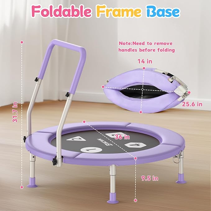 BCAN 36'' Toddler Trampoline, ASTM Certified-Foldable Mini Trampolines for Kids Ages 1-6, Adjustable Handle, Safety Pad & Foldable Legs, Baby Trampoline Indoor/Garden, Gift for Boy and Girl