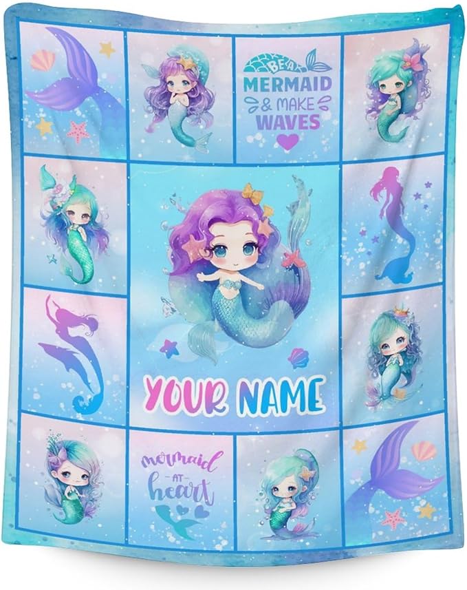 Personalized Mermaid Blanket with Name - Soft, Fuzzy & Warm - 40"x50" Small Blanket for Couch, Sofa - Blue Cute Throw Gifts for Girls