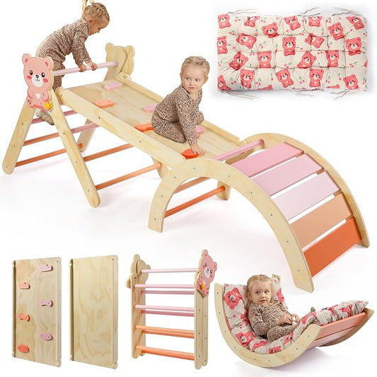 Pikler Triangle Set with Cushion, 7 in 1 Climbing Toys for Toddlers Inside, Montessori Foldable Climbing Set, Wooden Climbing Toys Indoor with Arch, Ramp and Ladder(Bear)