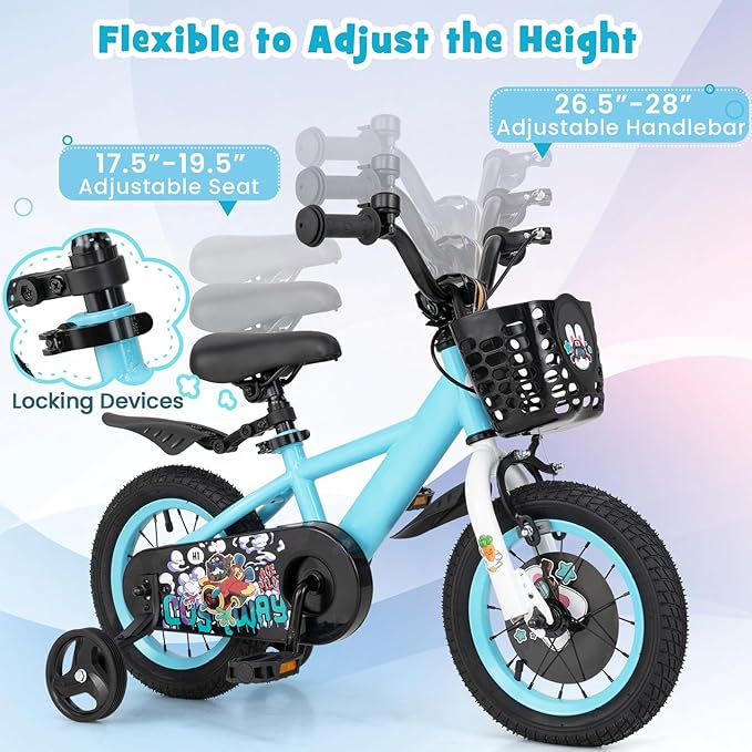 BABY JOY Rabbit Pilot Sporty Kids Bike, 12 14 16 18 Inch Child Bike for 3-8 Years Old with Adjustable Height, Training Wheels, Storage Basket, Handbrake & Coaster Brake, Kids Bicycle for Girls Boys
