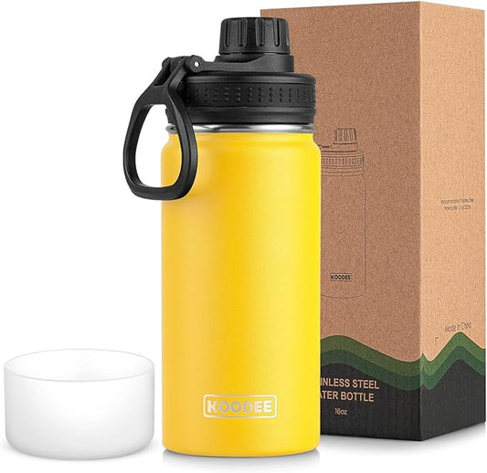 koodee Water Bottle-16 oz Stainless Steel Double Wall Vacuum Insulated Wide Mouth Water Bottle for Back to School-Reuasble Metal Flask with Leakproof Spout Lid (Yellow)
