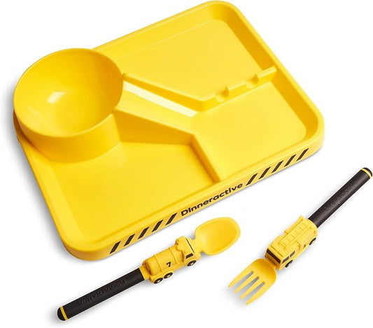 Dinneractive Dining Set For Kids - 3PC Yellow Firefighter Dinnerware - Fire Truck Utensils - Toddler Plates - Baby Dishes