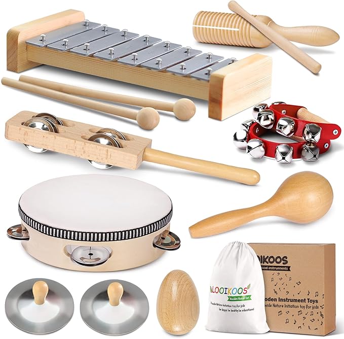 LOOIKOOS Toddler Musical Instruments International Natural Wooden Music Set for Toddlers and Kids - Eco Friendly Preschool Educational Musical Toys with Storage Bag