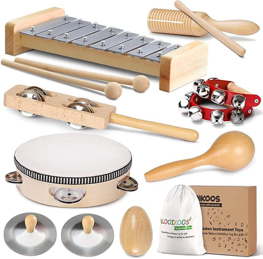 LOOIKOOS Toddler Musical Instruments International Natural Wooden Music Set for Toddlers and Kids - Eco Friendly Preschool Educational Musical Toys with Storage Bag