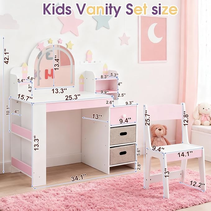 Kids Vanity Table and Chair Set with Lights, Toddler Makeup Vanity Desk with Open Bookshelf, Girls Vanity with Removable Drawers, Storage Shelves,Castle Star Pattern for Princess, White