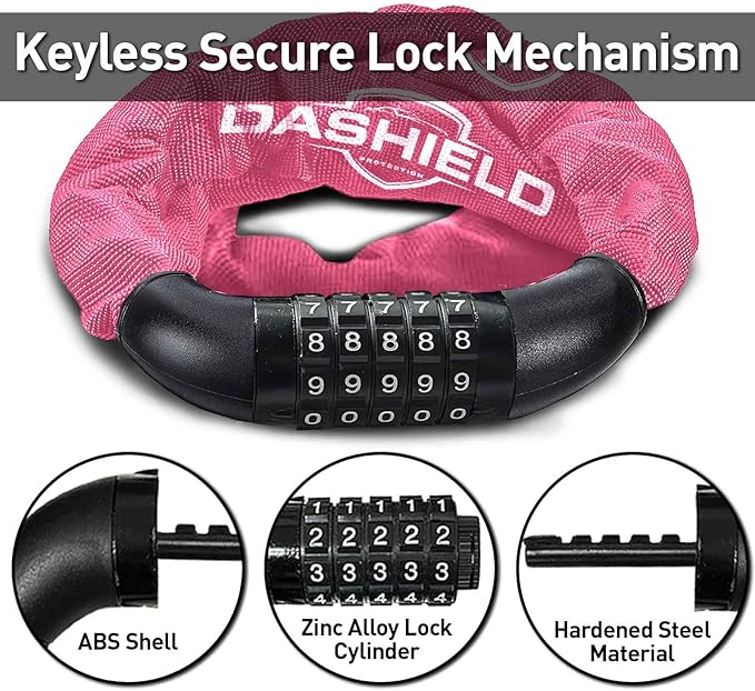 Bike Chain Lock Security 5 Digit Resettable Combination, 38.6 inches Heavy Duty Anti Theft Lock Chain for Bicycle, Motocycle, Scooter, Gate, Fence (Fuchsia, 3.2ft)