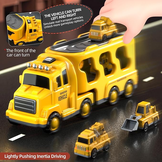 5 in 1 Construction Trucks Cars Toys for Toddlers 3-5, Boy Toddler Car Truck Toys with Light Sound, Includes Crane, Mixer, Bulldozer & Excavator, Birthday Gifts Toys for 2 3 4 5 Year Old