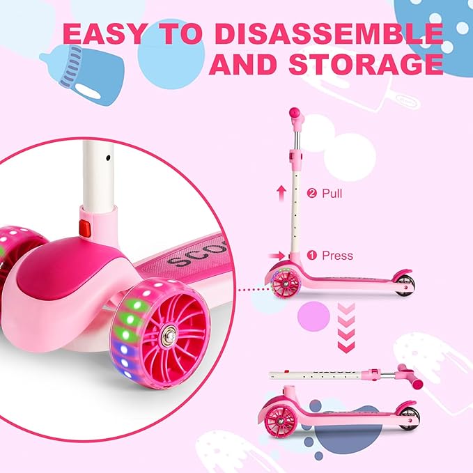 LENOGE Kids Scooter, Toddler Scooter with 3 Flashing LED Big PU Wheels Kick Scooter for Kids Folding Adjustable Height Kick Scooter Toys for Ages 3-6 Boys Girls