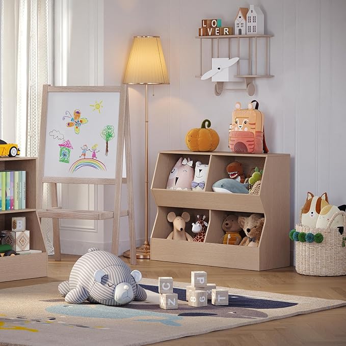 DINZI LVJ Kids Bookshelf, Toy Storage Organizer, Wooden Toy Cabinet, 4 Cubby Children Bookcase, 35.4" L Toddler Book Shelf for Living Room, Playroom, Nursery, Hallway, School, Natural