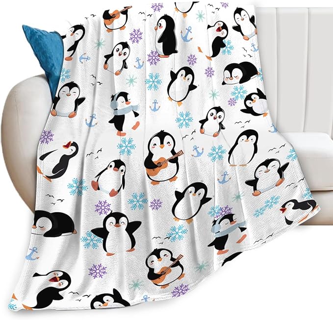 Penguin Throw Blanket for Kids, Cute Penguin Animals Fleece Blanket Gifts for Boys Girls, Warm Cozy Soft Flannel Stuff for Bed Sofa Couch 60" x 50"