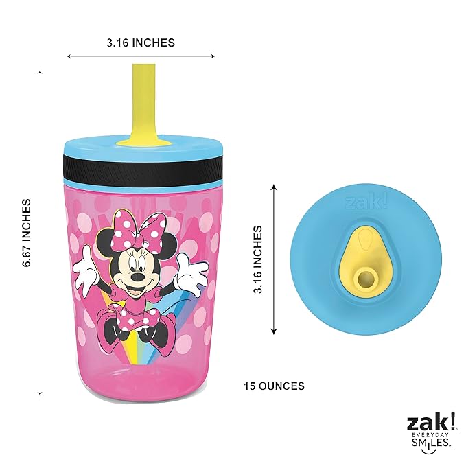 Zak Designs Disney Kelso Tumbler 15 oz Set (Minnie Mouse) Leak-Proof Screw-On Lid with Straw, Made of Durable Plastic and Silicone, Perfect Bundle for Kids