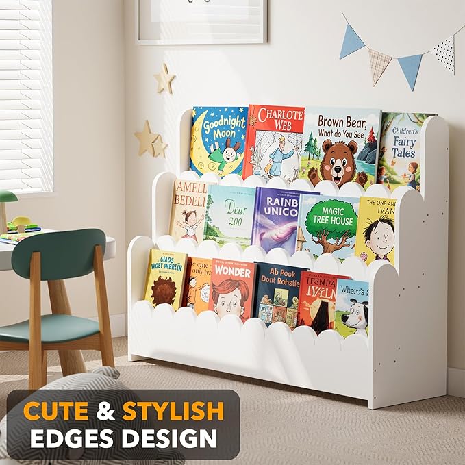 SpaceAid 3-Tier Scalloped Bookshelf, Montessori Bookcase for Toddlers, Wooden Book Shelf Organizer Display Furniture for Kids Rooms, Playroom, Nursery and Classroom, 36.7“ Wide, White