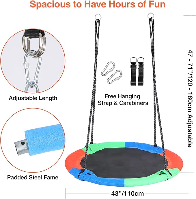 RedSwing 43" Flying Saucer Swing for Kids Outdoor, Large Round Tire Swings for Trees and Swingset, Strong Heavy Duty for Outside Playground, Rainbow