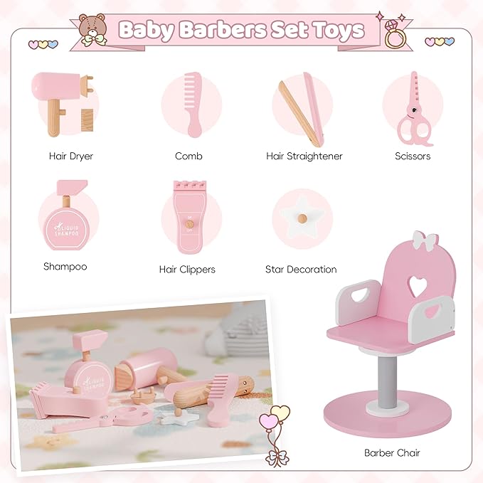 Kids Vanity Set with Light and Barber Chair, Pink Makeup Dressing Vanity Table with Storage Shelf and Hair Salon Play Set 7 pcs Accessories, Pretend Play Vanity Set for Toddler Girls