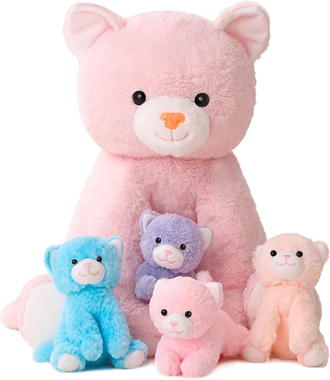 5 Pieces Cat Stuffed Animals for Girls, 1 Mommy Cat with 4 Babies, Soft Plush Cat Toy Set for Kids 3-9, Gifts for Christmas, Birthday, Children's Day, Valentine's