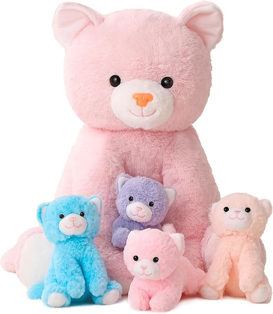 5 Pieces Cat Stuffed Animals for Girls, 1 Mommy Cat with 4 Babies, Soft Plush Cat Toy Set for Kids 3-9, Gifts for Christmas, Birthday, Children's Day, Valentine's