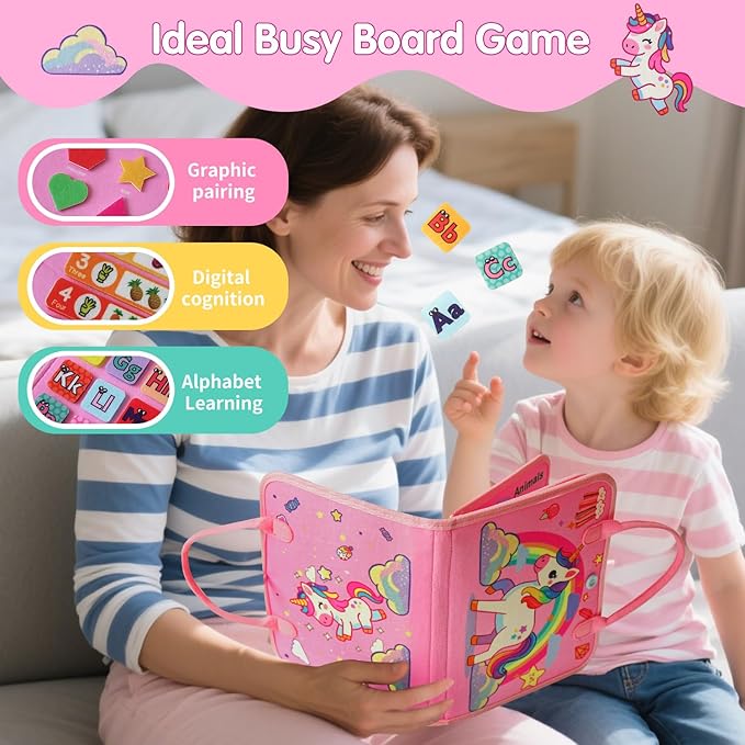 Montessori Toddler Busy Board Toys, Girls Unicorn Learning Sensory Toy, Toddler Travel Toy, Children's Educational Activity Busy Book, Birthday Gift (Pink)