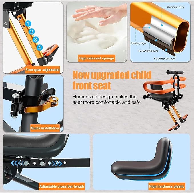 Child Bike Seat - Front Mount, Kids Bike Seat for Adult Bike,Retractable Baby Bike Seat Front Mounted, Toddler Bike Seat for Children 2~6 Years
