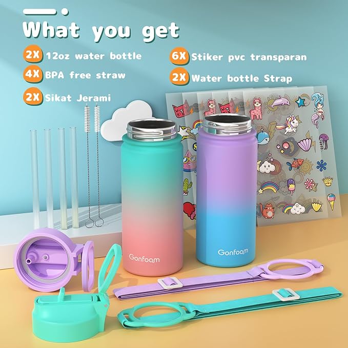 Kids Water Bottle, 2-Pack 16oz Water Bottles with Stickers and Straw, Stainless Steel Vacuum Insulated cup, Kids Water Bottle for School, Gifts for Boys and Girls(Purple/Green)