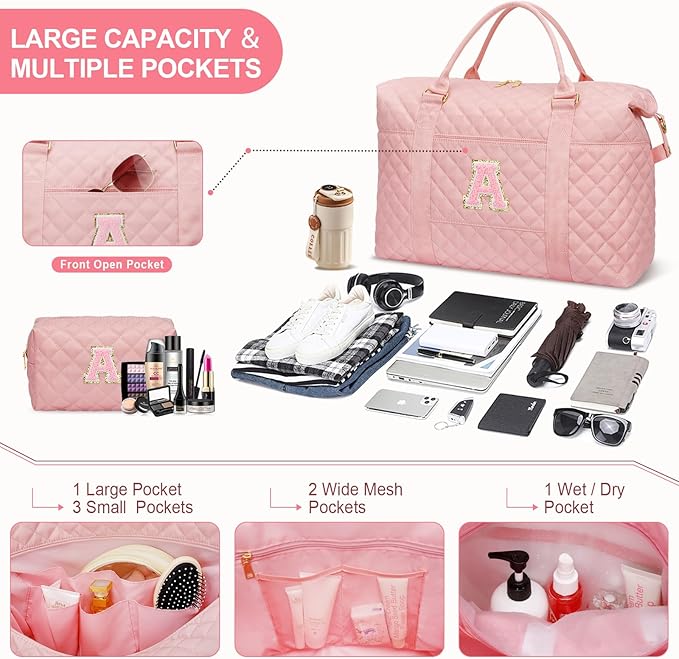 Gifts for Teen Girl, Initial Travel Duffle Bag, Personalized Women Weekender Overnight Bags, Gift for Daughter Kid Girl Wife Friend（Pink,A)