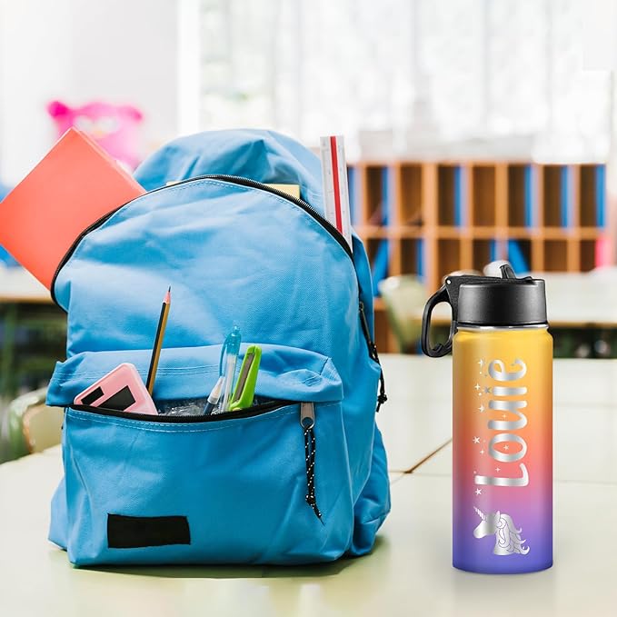 Personalized Water Bottles for Kids with Name for School Customized Christmas Birthday Gifts for Boys Girls Custom Sport Stainless Steel Cup with Straw Lid 18oz for Men Women