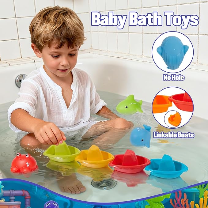 Bath Toys Fishing Toys Game for Kids Ages 1-3, 22 PCS | Mold-Free Toddler Bath Toys with Fishing Pole Rod Net Floating Fish & Storage Bag, No Hole Bathtub Toys, Outdoor Water Toys for Kids Ages 4-8