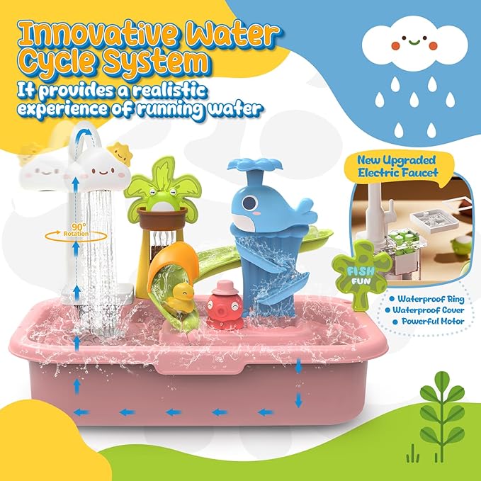 Play Sink with Running Water, 4-in-1 Kids Kitchen Sink Toys with Electric Faucet, Water Table Floating Pool Toy w/Fishing Game, Duck Slide, Pretend Play Dishwasher Set for Toddler Boys Girls (Pink)