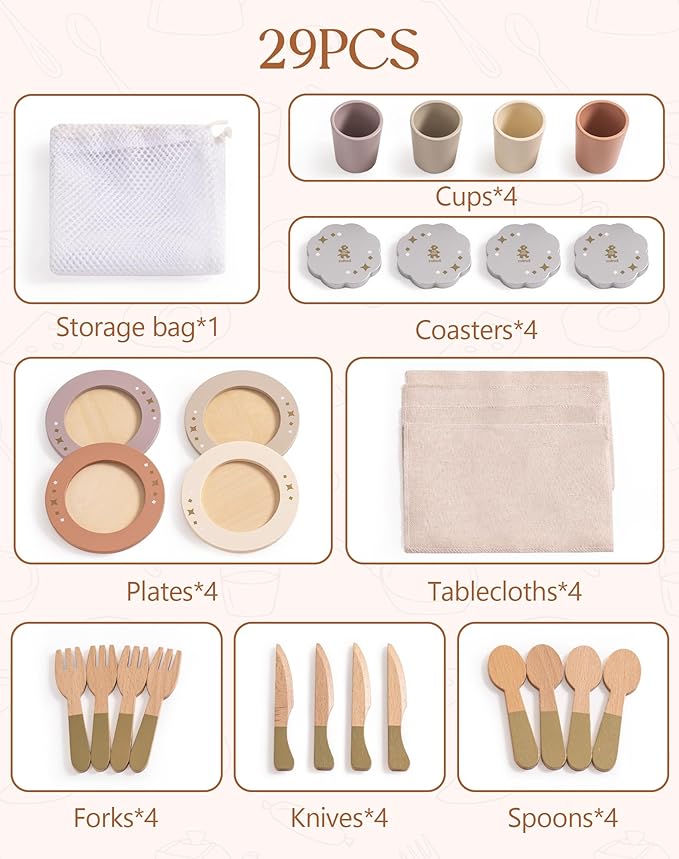 ROBUD 4-Set Wooden Play Dishes Set - Montessori-Inspired Play Food Accessories for Kids, Pretend Play Kitchen Set for Toddlers, Role Play Gift for Boys and Girls