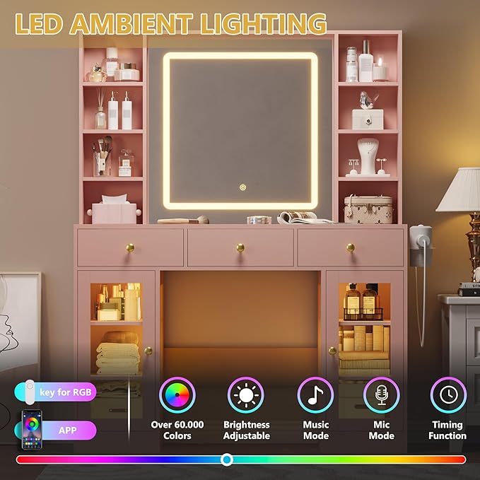 Vanity Desk with Mirror and Lights, White Makeup Vanity with Glass Top & Drawers, 3 Lighting Modes, Power Outlet, RGB Glass Cabinets, Modern Dressing Table for Girls, Women, Teens
