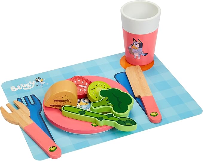Bluey - Dine in with Bluey Set, 32-Piece Wooden Toy Set with Magic Asparagus, Plates, Utensils & More, Perfect for Role-Play & Imaginative Fun, FSC-Certified, Suitable for 3 Years & Up