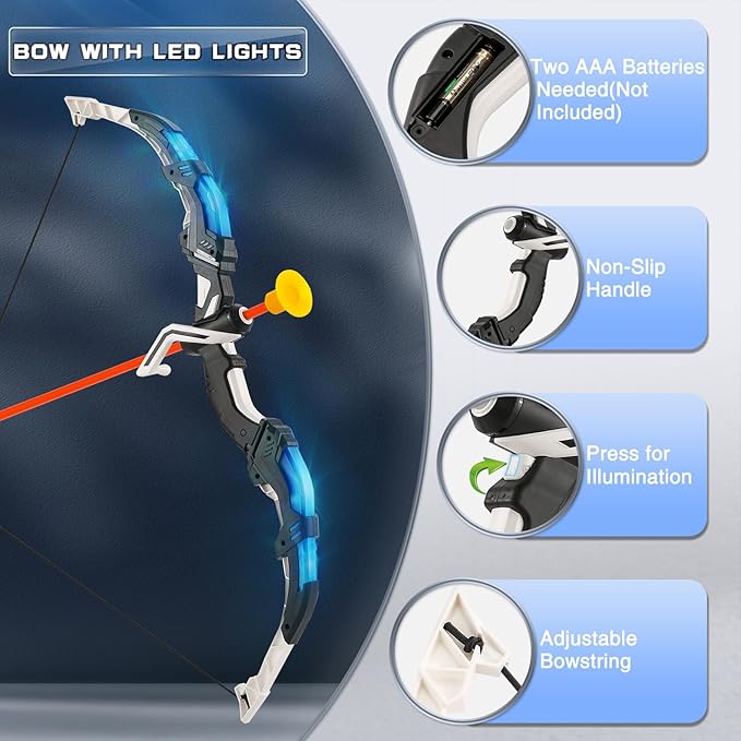 Bow and Arrow Set for Kids LED Light Up Archery Set with 10 Suction Cup Arrows Indoor Outdoor Toys with Standing Target & Quiver, Xmas Birthday Gift for Boys Girls Age 4-8 8-12