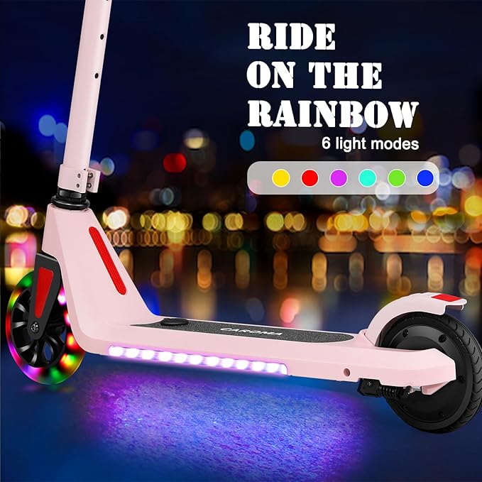 Caroma Electric Scooter for Kids Ages 6-14, 180W/150W Motor & 10 Mph, 85 Mins Ride Time, Adjustable Height & Speed, LED Display & Colorful Lights, Kids Electric Scooter, Best Gifts for Girls and Boy