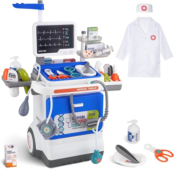 Doctor Kit for Toddlers - Deluxe Pretend Play Medical Cart Toy Set with Stethoscope ,Thermometer,Doctor Costume & Carry Bag - Educational Role Play Gift for Kids Boys & Girls Ages 3 4 5(Blue)