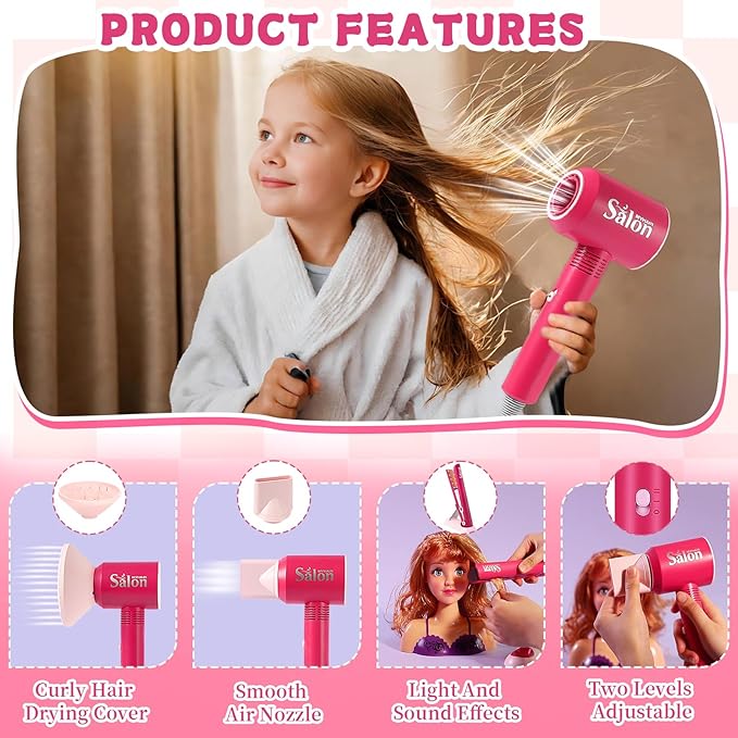 45PCS Hair Salon Toys for Girls Pretend Play Set, Kids Dress Up Beauty Kit with Hair Dryer & Curling Iron Accessories, Christmas Birthday Gift for Toddler Age 3 4 5 6+