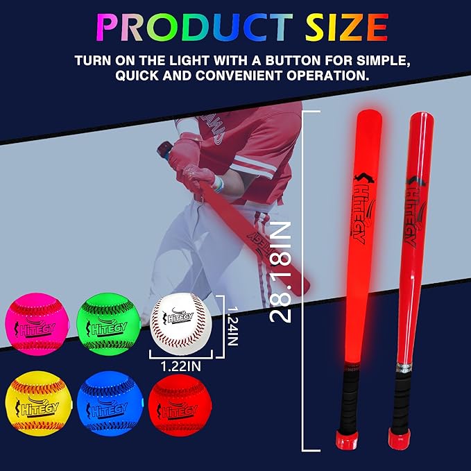 LED Baseball Bat and Ball Set, Rechargeable Glow in The Dark Baseballs (5 Color) | USB Charging, Waterproof | for Night Practice, Backyard Games, Gifts for Boys, Girls, Kids & Adults