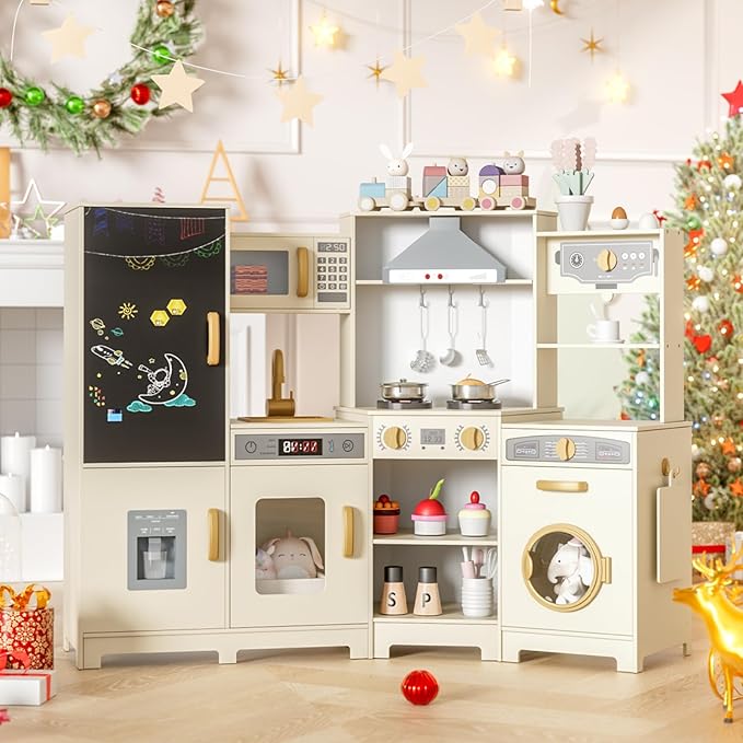 MAMIZO Wooden Corner Play Kitchen, Large Ultimate Interactive Toddler Pretend Kids Kitchen Playset with Blackboard, Stove & Range Hood w/Light & Sound, Ice Maker, Washing Machine, 6 Toy Set (Cream)