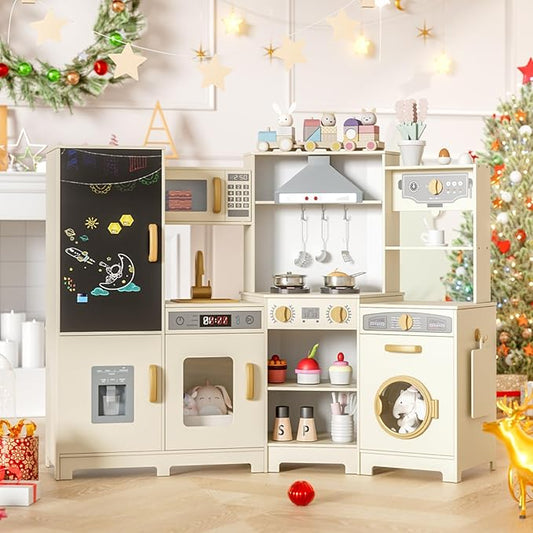 MAMIZO Wooden Corner Play Kitchen, Large Ultimate Interactive Toddler Pretend Kids Kitchen Playset with Blackboard, Stove & Range Hood w/Light & Sound, Ice Maker, Washing Machine, 6 Toy Set (Cream)