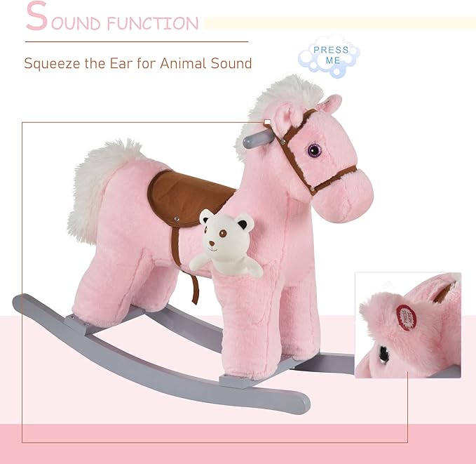 Qaba Kids Plush Ride-On Rocking Horse with Bear Toy, Children Chair with Soft Plush Toy & Fun Realistic Sounds, Pink