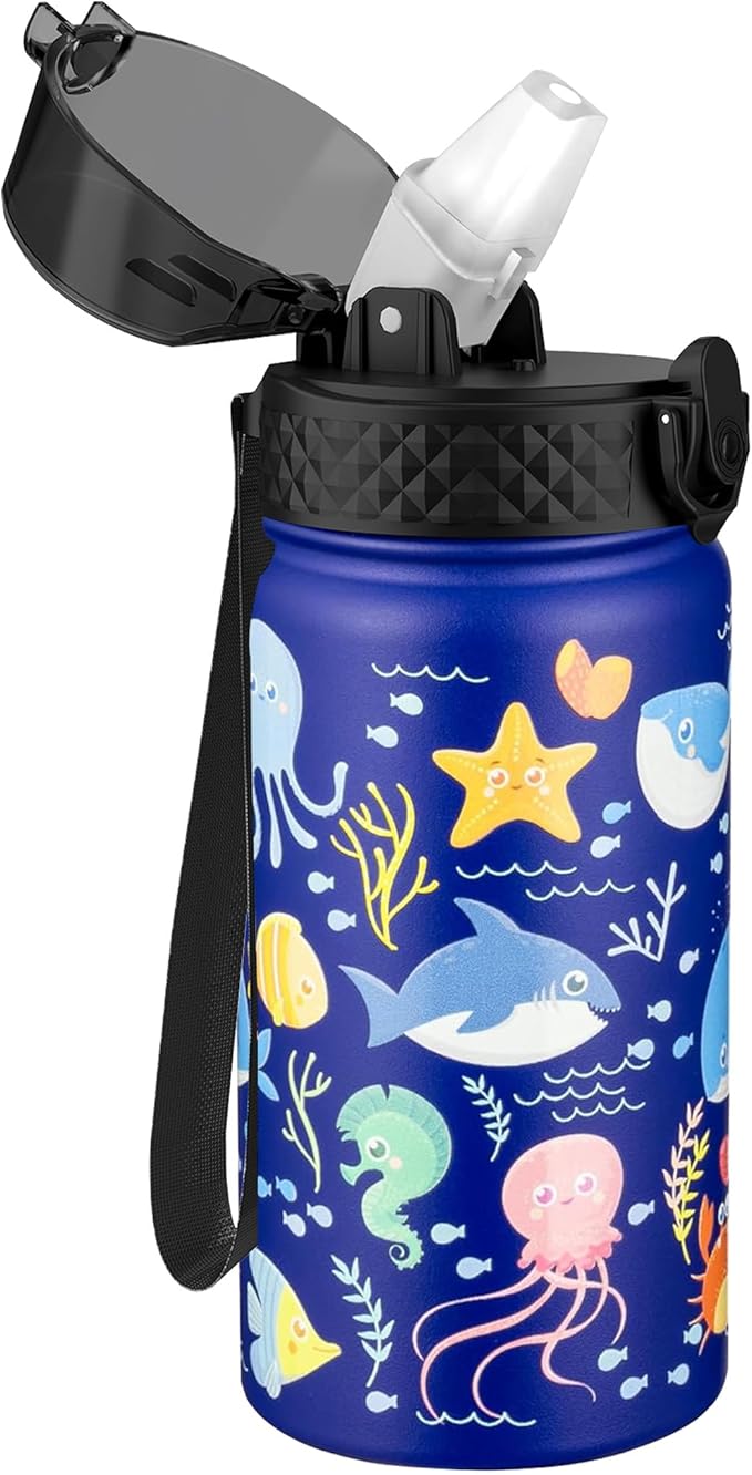 GOPPUS Kids Water Bottle (Straw Lid) - 14 Oz Stainless Steel Travel Bottle, Double Wall Vacuum Leak Proof Kids Cup for School Boys Girls,Under the Sea