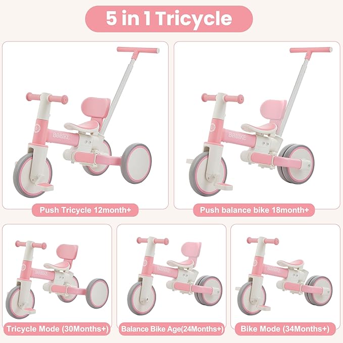 5-in-1 Tricycle for Toddlers 18 Months to 5 Years Old, Toddler Bike, Kids Tricycle with Push Handle and Backrest, Toddler Balance Bike with Easy Assembly for Boys and Girls.(Pink)