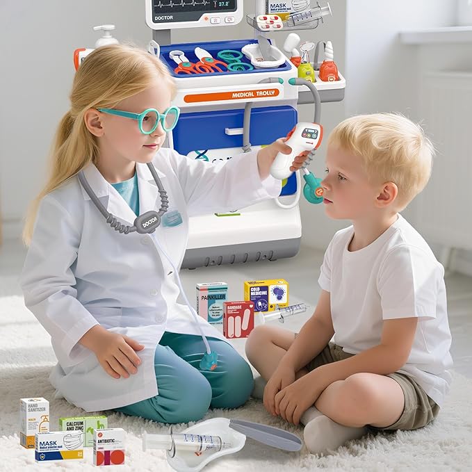 Doctor Kit for Kids Pretend Medical Station Set for Boys & Girls Mobile Cart with Kids Play Set for Ages 3 and Up Children Role Play Educational Toys (Blue)