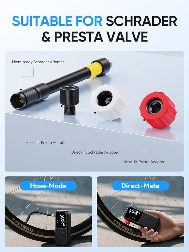 Mini Electric Bike Pump,120 PSI Bike Pump Portable with Guage Auto Stop, Bicycle Pump with Presta and Schrader, Bike Tire Pump Valve for Road Bicycle, Mountain Bike, E-Bike,Sports Ball