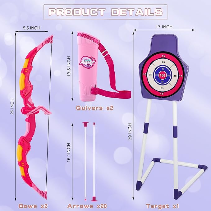 Bow and Arrow Set Girl Toys: 2 Pack LED Light Up Archery Set with 20 Suction Cup Arrows, Birthday Gift for Girls 5 6 7 8 9 10 11 12 Year Old, Outdoor Activities Toys Essentials for Kids Age 4-8 8-12