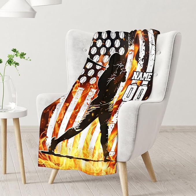 Personalized Baseball Throw Blanket Gifts for Boys, Sport Blanket with Name for Baseball Lovers, Custom 30x40 Inches Lap Size Soft Blankets for Sofa Couch Chair