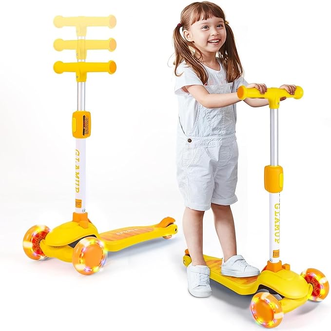 GLAMUP Kids Kick Scooter 3 Wheels, Kids Scooter Height Adjustable Handlebar, Lean-to-Steer System & Easy-Folding Mechanism, Ages 3-14 Boys and Girls