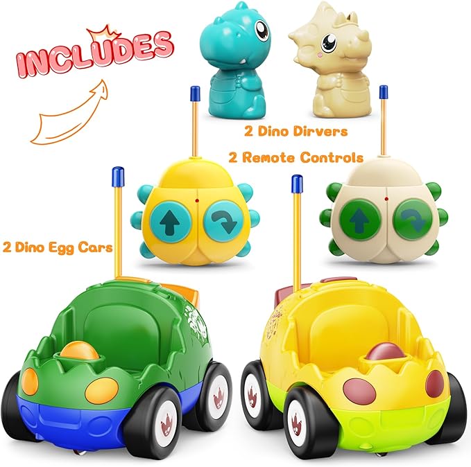 2 Pack Dinosaur Toys for Toddlers 2 3 4 5 6 Years Old - Remote Control Cars RC Cars with Music, Lights and Sound Effect, Birthday Toys for Boys Kids(Yellow Green)